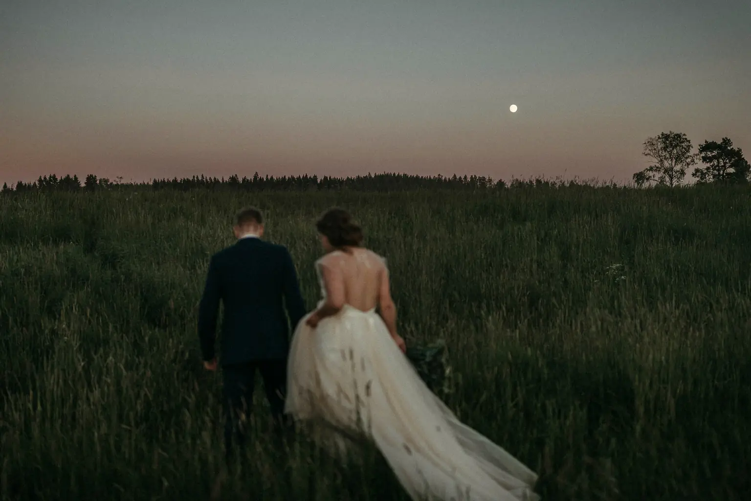 A couple walking into a field at dusk, the bride's dress trailing through the grass, the moon low in the sky.
